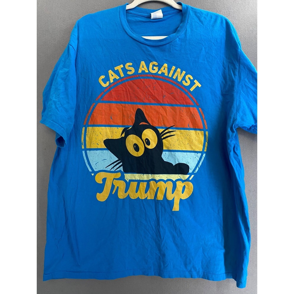 Port & Company Cats Against Trump Graphic T-Shirt Mens 2XL Blue Retro Sunset Tee